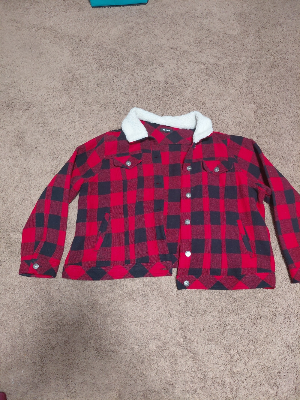 Womens Torrid Red and Black Buffalo Plaid Sherpa-collar.
